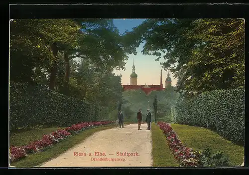 AK Riesa a. Elbe, Stadtpark mit Passanten, Brandenburgerweg