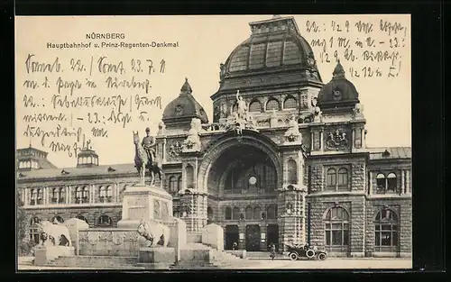 AK Nürnberg, Hauptbahnhof u. Prinz-Regenten-Denkmal