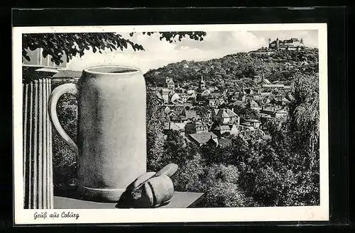 AK Coburg, Ortsansicht, Bierkrug und Würstchen