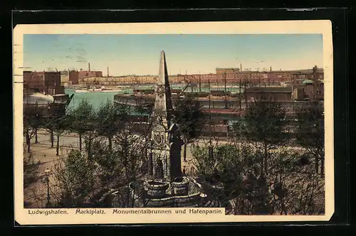 AK Ludwigshafen, Marktplatz, Monumentalbrunnen und Hafenpartie