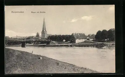 AK Holzminden, Weser mit Brücke, Ortsansicht