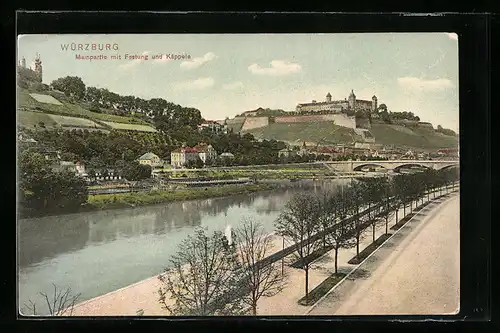 AK Würzburg, Mainpartie mit Festung und Käppele