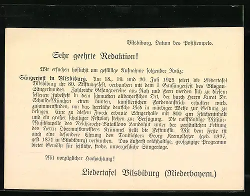 AK Vilsbiburg (Niederbayern), Liebertafel Bilsbiburg gegründet 1845