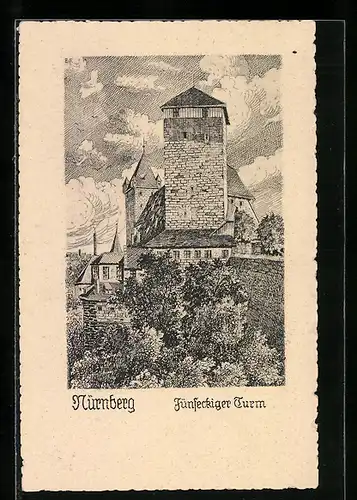 Künstler-AK Nürnberg, Fünfeckiger Turm aus der Vogelschau