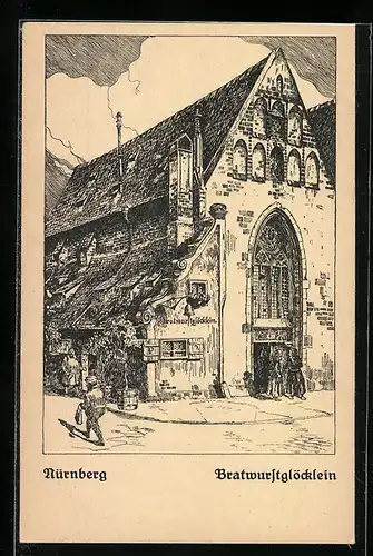 Künstler-AK Nürnberg, Blick auf die Gaststätte Bratwurstglöcklein