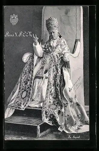 AK Papst Pius X., Portrait auf dem Thron, Wappen