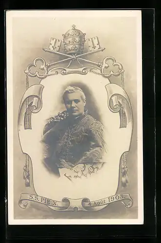 AK Portrait Papst Pius X. mit Schlüssel und Krone