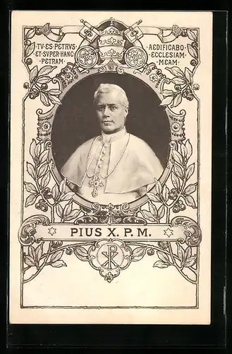 AK Papst Pius X., Halbportrait im verzierten Rahmen