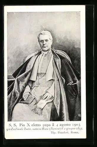 AK Papst Pius X. mit Buch auf einem Stuhl