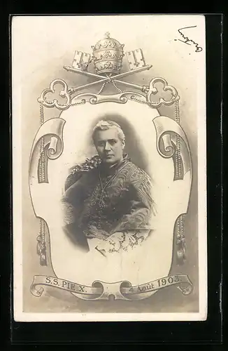 AK Portrait Papst Pius X. mit Schlüssel und Krone