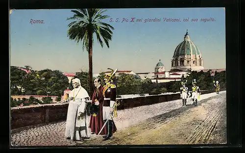 AK Roma, S. S. Pio X nei giardini Vaticani, col suo seguito
