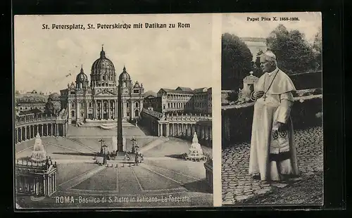 AK Rom, St. Petersplatz, St. Peterskirche mit Vatikan, Papst Pius X. beim Spaziergang