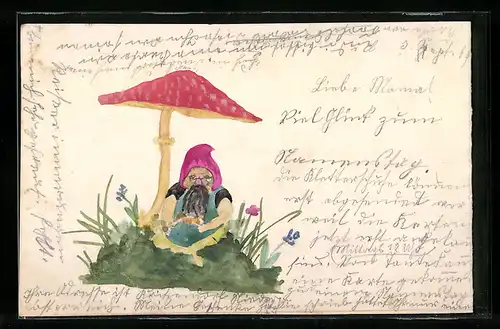 Künstler-AK Handgemalt: Zwerg unter einem Fliegenpilz