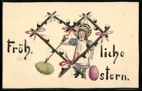 Künstler-AK Handgemalt: Mädchen mit Ostereiern