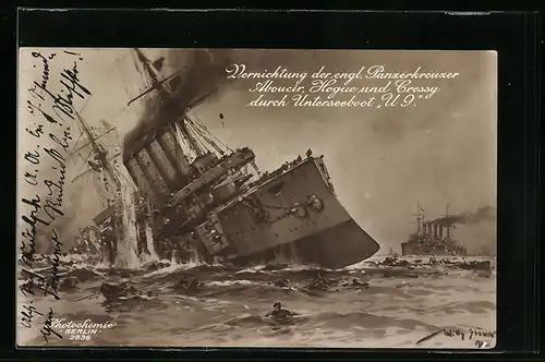 Künstler-AK Willy Stoewer: Vernichtung der engl. Panzerkreuzer Aboucir, Hogue und Cressy, U-Boot