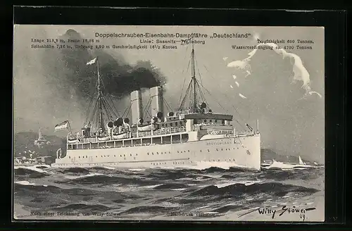 Künstler-AK Willy Stoewer: Doppelschrauben-Eisenbahn-Dampffähre Deutschland