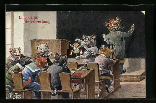 Künstler-AK A. Thiele: Eine kleine Unterhaltung im Klassenzimmer, vermenschlichte Tiere