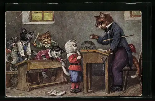 Künstler-AK Arthur Thiele: Anschauungs-Unterricht, Vermenschlichter Katzenlehrer präsentiert Schülern eine Maus im Käfig
