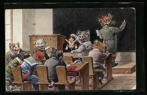 Künstler-AK A. Thiele: Eine kleine Unterhaltung im Klassenzimmer, vermenschlichte Tiere