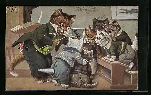 Künstler-AK A. Thiele: vermenschlichter Kater gibt Katzenkindern Unterricht in der Schule