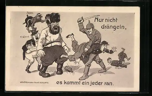 Künstler-AK Deutscher Soldat versohlt Alliierten den Hintern