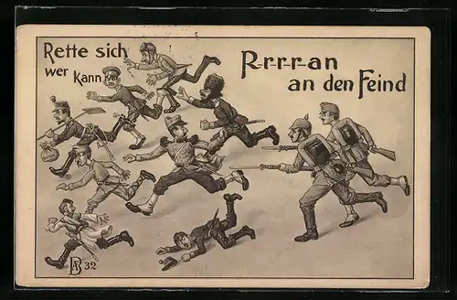 Künstler-AK Feinde flüchten vor deutschen Soldaten