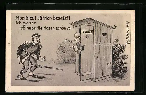 Künstler-AK Toilette Lüttich von deutschem Soldaten besetzt