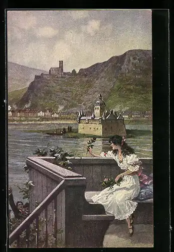 Künstler-AK Arthur Thiele: Die Rose vom Rhein, Fräulein wirft Rosen von den der Terrassen des Rheinufers