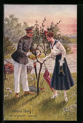 Künstler-AK Arthur Thiele: Soldat setzt die Gewehre zusammen