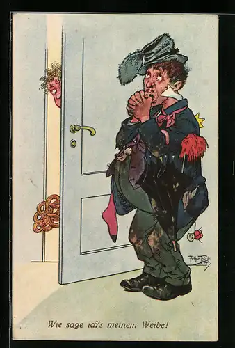 Künstler-AK Arthur Thiele: Mann kommt zur Frau nach Hause
