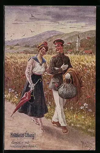 Künstler-AK Arthur Thiele: Ausrücken mit vollständigem Gepäck