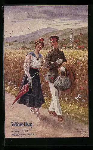 Künstler-AK Arthur Thiele: Ausrücken mit vollständigem Gepäck