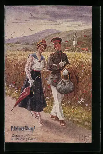 Künstler-AK Arthur Thiele: Ausrücken mit vollständigem Gepäck