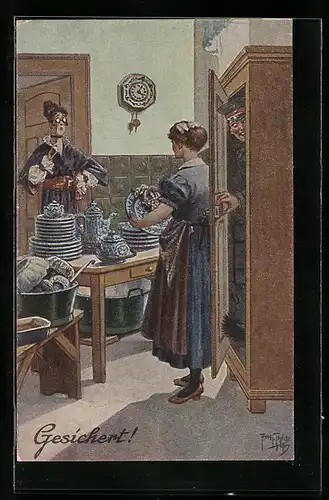Künstler-AK Arthur Thiele: Soldat im Schrank aus Angst vor Mutter der Geliebten, Landsers Schiesslehre - Gesichet !