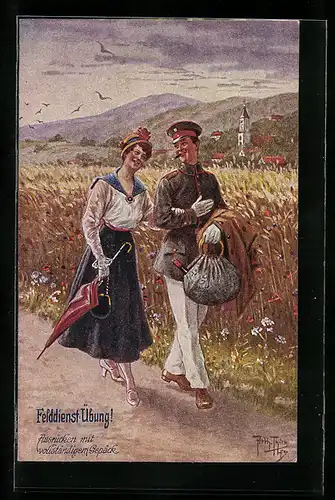 Künstler-AK Arthur Thiele: Ausrücken mit vollständigem Gepäck