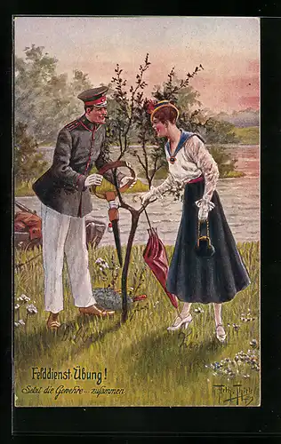 Künstler-AK Arthur Thiele: Soldat setzt die Gewehre zusammen