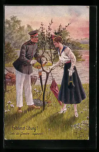 Künstler-AK Arthur Thiele: Soldat setzt die Gewehre zusammen