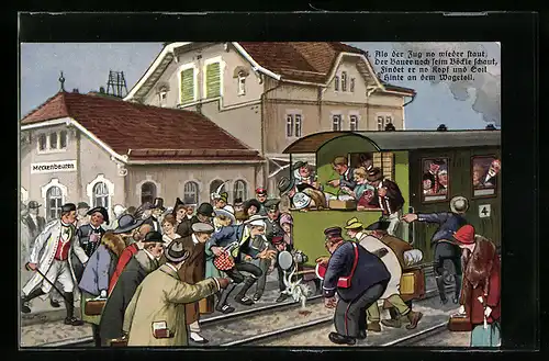 Künstler-AK Arthur Thiele: Auf de schwäbsche Eisebahne - Bahn hat Ziege des Bauern den Kopf abgerissen