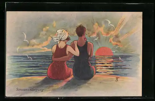 Künstler-AK Arthur Thiele: Liebespaar betrachtet den Sonnenuntergang am Meer