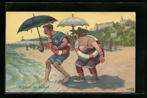 Künstler-AK Arthur Thiele: Mann mit dicker Frau gehen mit Regenschirm und Schwimmring vorsichtig ins Meer