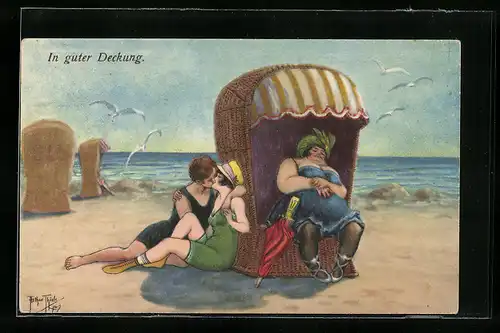 Künstler-AK Arthur Thiele: Mann und Frau im Badeanzug küssen sich am Strandkorb