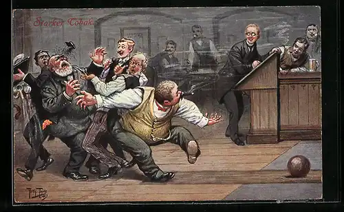 Künstler-AK Arthur Thiele: Männer mit Zigarren, Starker Tobak