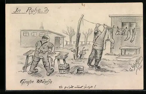 AK Soldaten bei der grossen Wäsche, 1. Weltkrieg