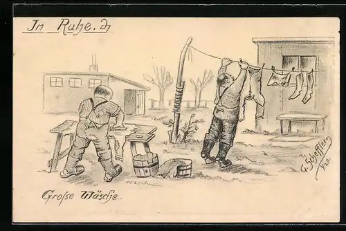 AK Soldaten bei der grossen Wäsche, 1. Weltkrieg