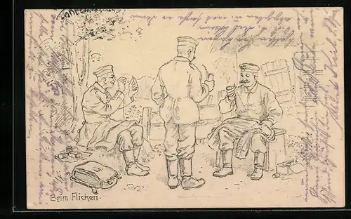 AK Drei Soldaten in Uniform beim Flicken, 1. Weltkrieg