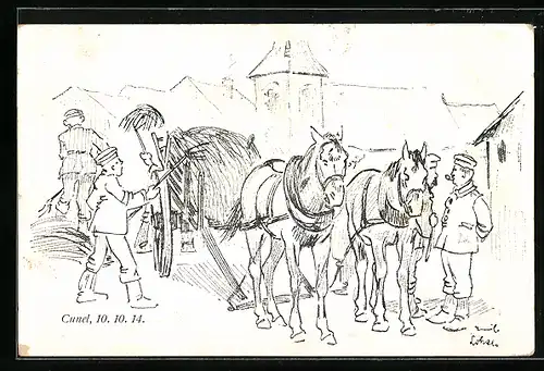 AK Soldaten mit einem Pferdewagen, 1. Weltkrieg