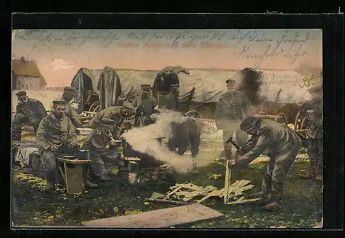 AK Unsere Feldgrauen beim Abkochen, 1. Weltkrieg