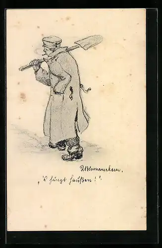 AK Soldat in Uniform mit Spaten