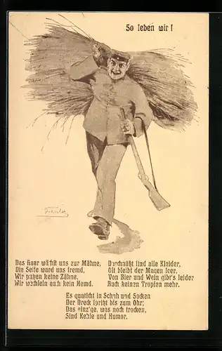 AK Soldat mit Gewehr und Heugarbe, 1. Weltkrieg