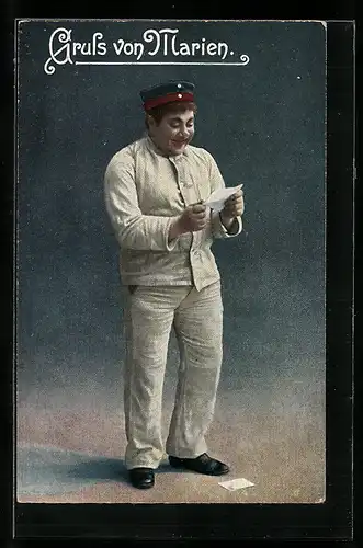 AK Gruss von Mairen, Rekrut liest eine Nachricht, 1. Weltkrieg